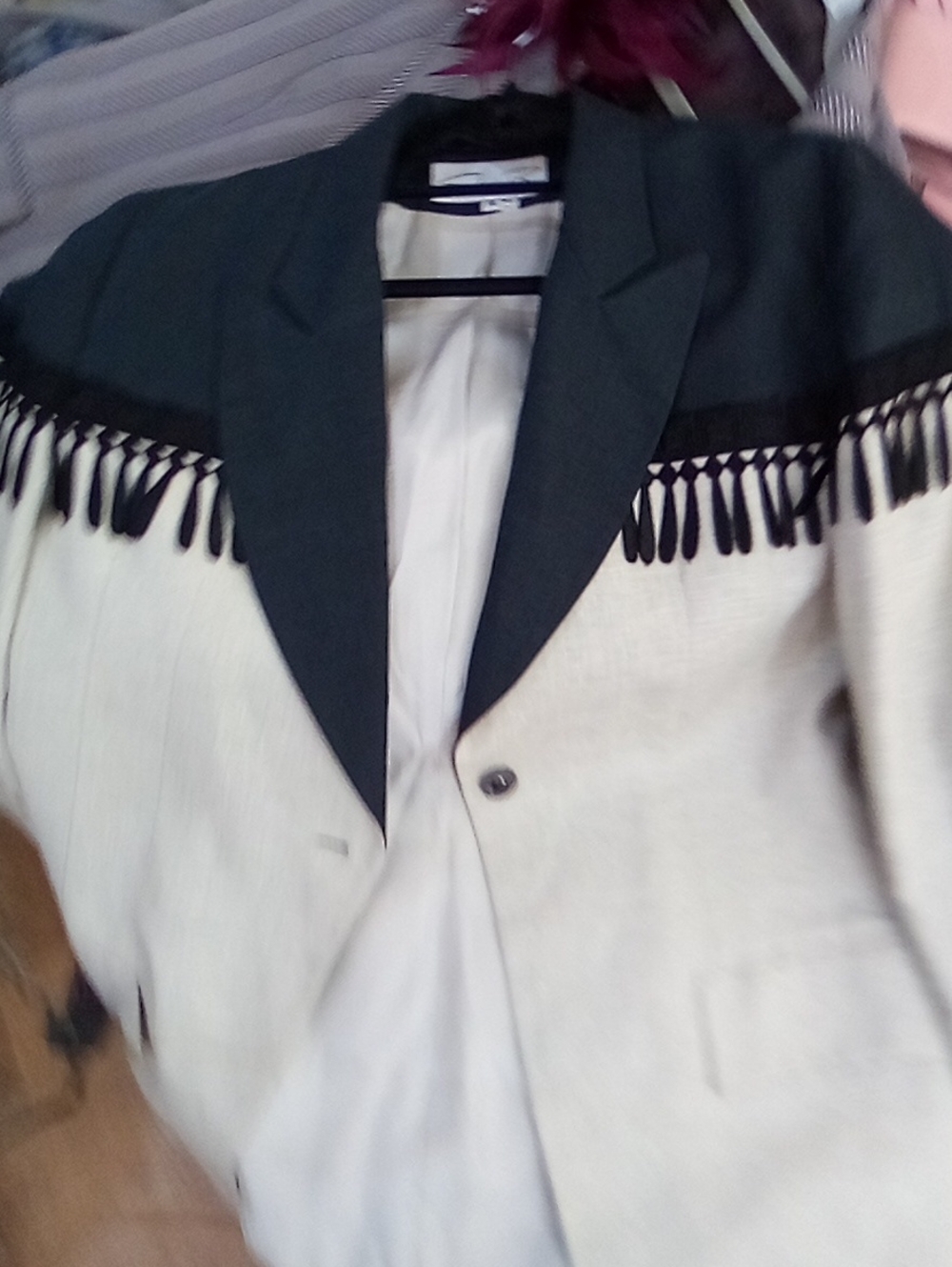 Two-Tone Cream and Black Fringe-Trim Blazer